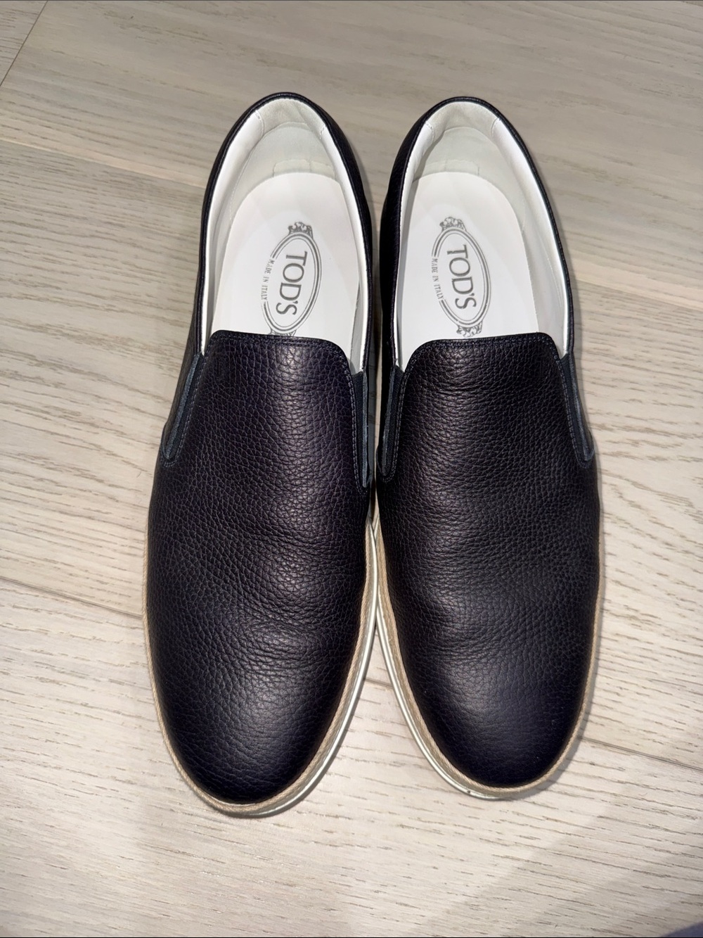 Tod's Dark Navy Black Espadrille Pebbled Leather Slip-On Shoes